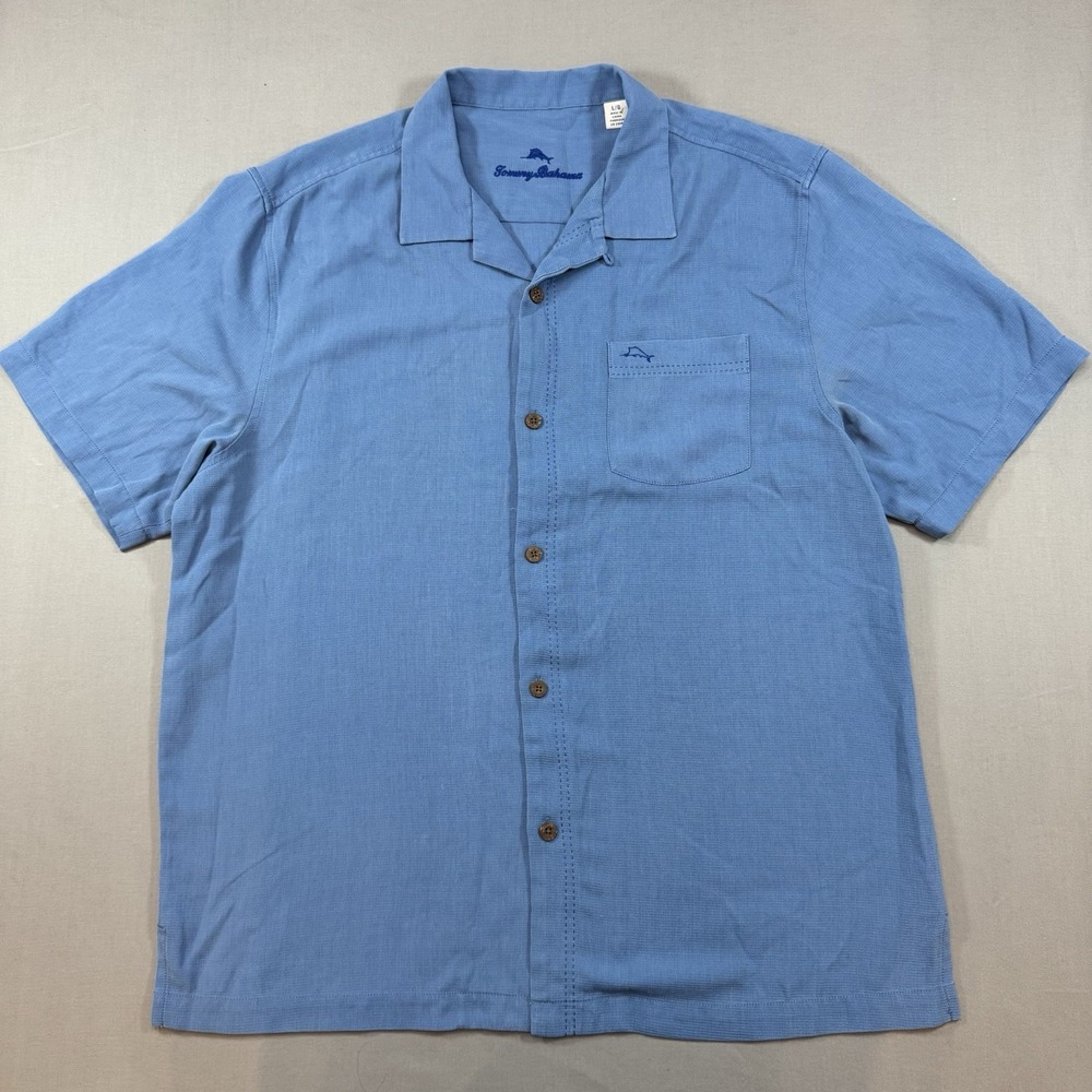 Tommy Bahama Button Down Short Sleeve Shirt Men L Blue Island Zone Resort Wear